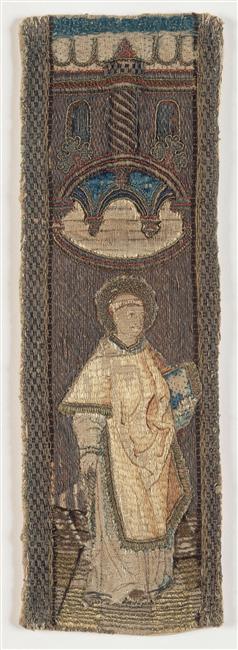 fragments d’orfrois&nbsp;: Le Christ sauveur du monde, La Vierge à l’Enfant, saint Thomas, saint Pierre, saint Laurent, un saint, Sainte Catherine, sainte Dorothée