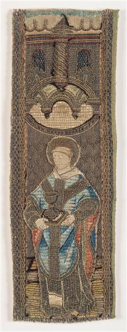 fragments d’orfrois&nbsp;: Le Christ sauveur du monde, La Vierge à l’Enfant, saint Thomas, saint Pierre, saint Laurent, un saint, Sainte Catherine, sainte Dorothée