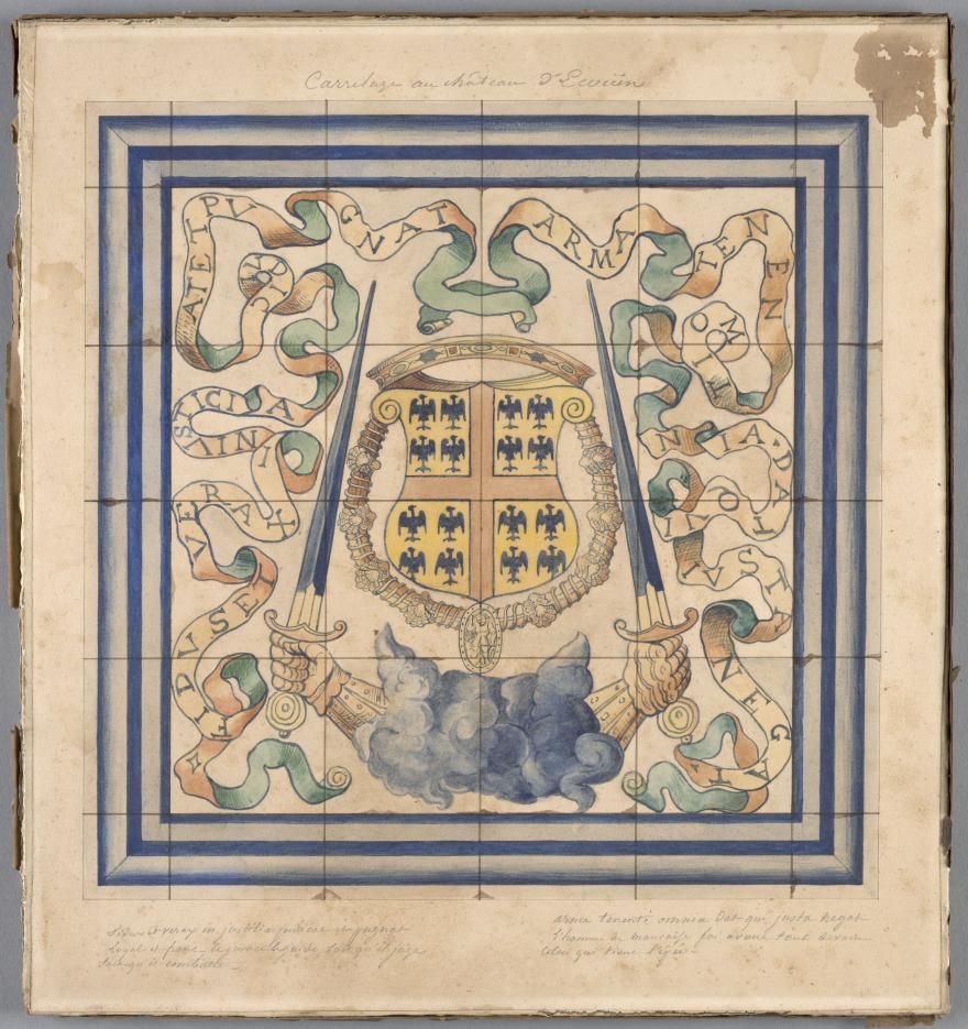 Élément de pavement du château d’Écouen aux armes et devises du connétable de Montmorency