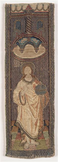 fragments d’orfrois&nbsp;: Le Christ sauveur du monde, La Vierge à l’Enfant, saint Thomas, saint Pierre, saint Laurent, un saint, Sainte Catherine, sainte Dorothée