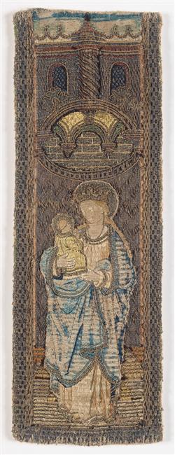 fragments d’orfrois&nbsp;: Le Christ sauveur du monde, La Vierge à l’Enfant, saint Thomas, saint Pierre, saint Laurent, un saint, Sainte Catherine, sainte Dorothée