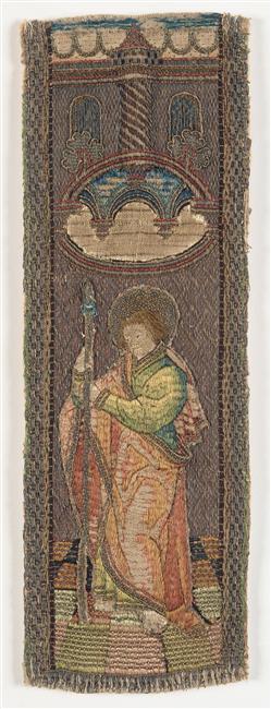 fragments d’orfrois&nbsp;: Le Christ sauveur du monde, La Vierge à l’Enfant, saint Thomas, saint Pierre, saint Laurent, un saint, Sainte Catherine, sainte Dorothée