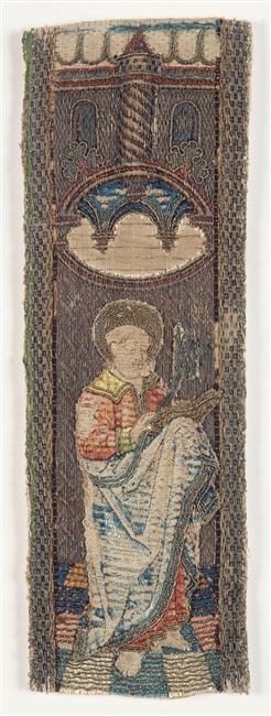 fragments d’orfrois&nbsp;: Le Christ sauveur du monde, La Vierge à l’Enfant, saint Thomas, saint Pierre, saint Laurent, un saint, Sainte Catherine, sainte Dorothée