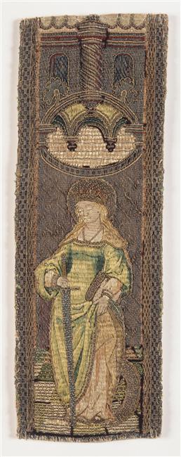 fragments d’orfrois&nbsp;: Le Christ sauveur du monde, La Vierge à l’Enfant, saint Thomas, saint Pierre, saint Laurent, un saint, Sainte Catherine, sainte Dorothée