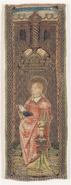 fragments d’orfrois&nbsp;: Le Christ sauveur du monde, La Vierge à l’Enfant, saint Thomas, saint Pierre, saint Laurent, un saint, Sainte Catherine, sainte Dorothée