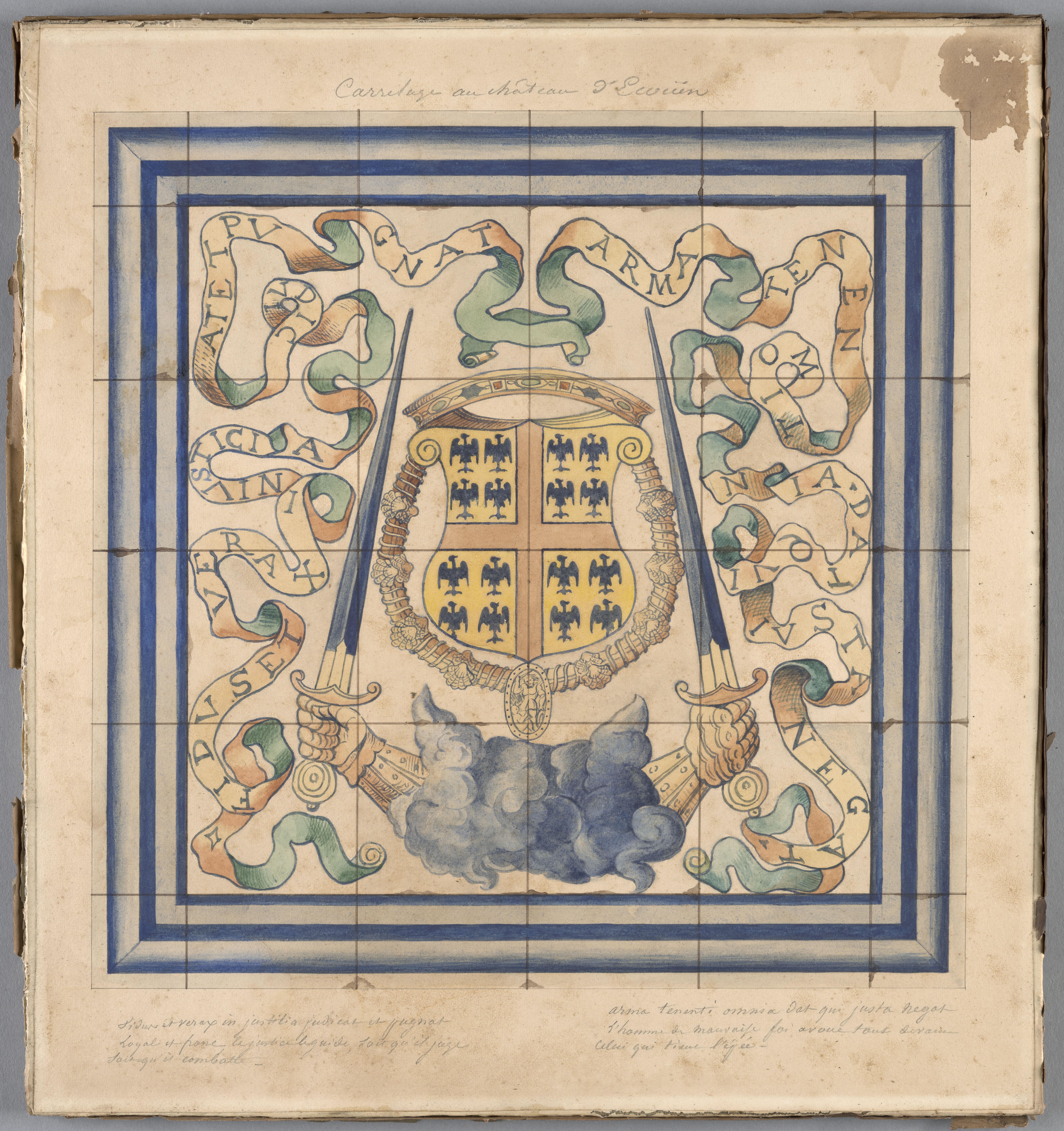 Élément de pavement du château d’Écouen aux armes et devises du connétable de Montmorency